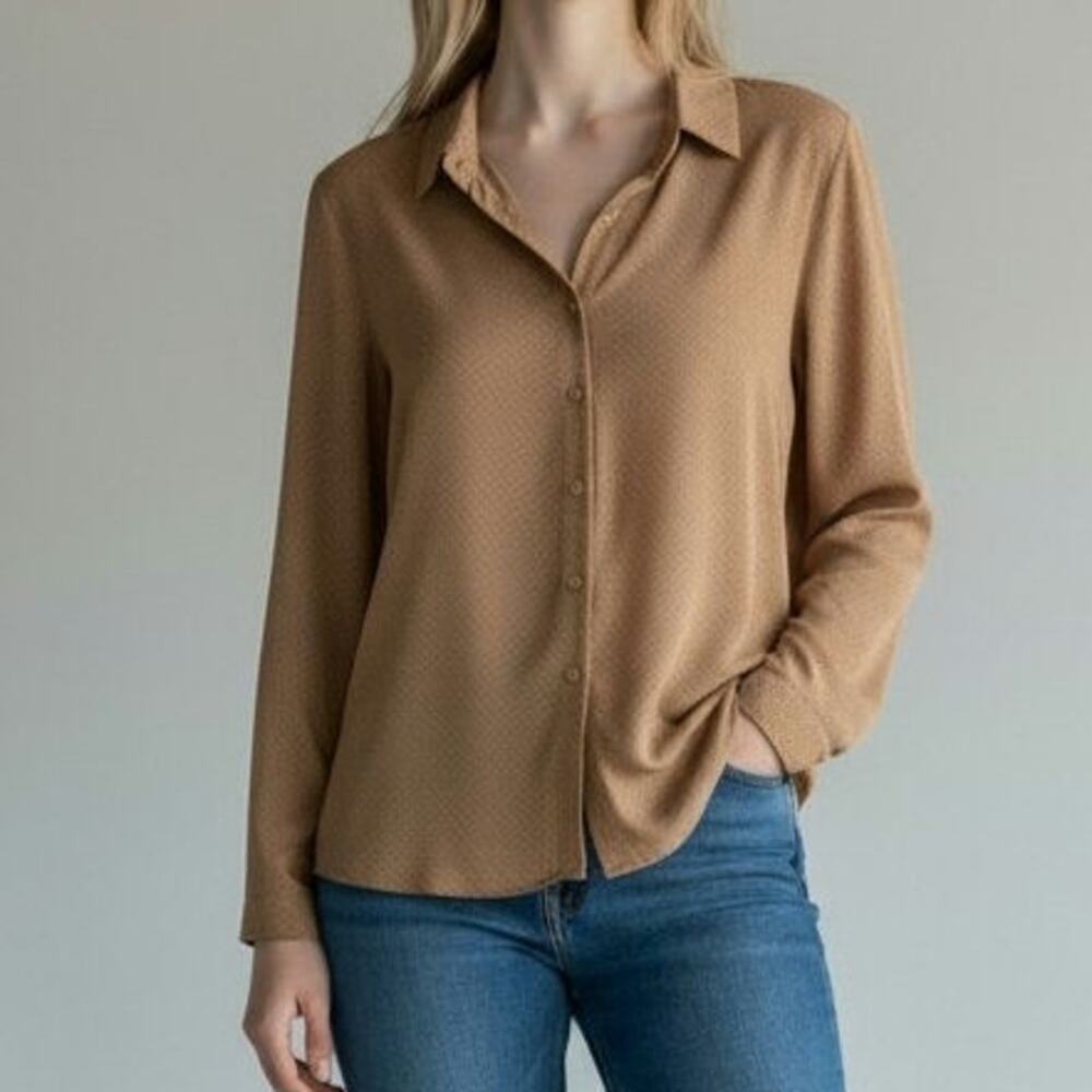 Vintage Ship'n Shore Polka Dot Button Front Blouse Tan Brown Size 16